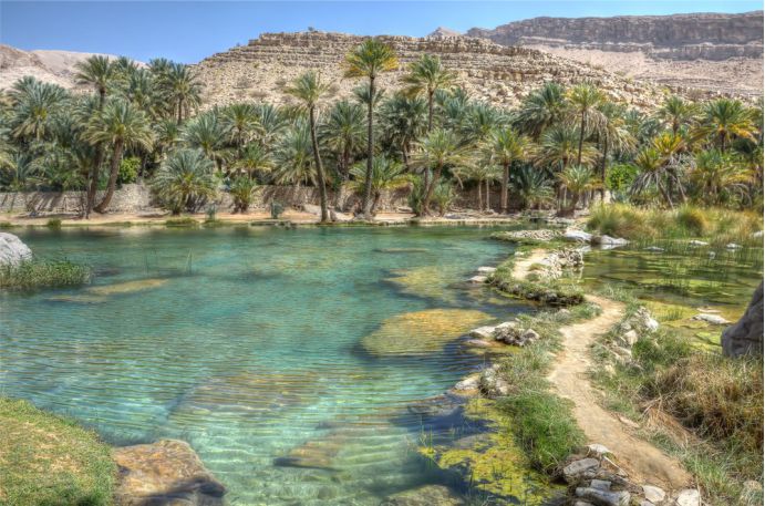 Wadi Bani Khalid, Oman - fica em  um vale em Omã, faz parte da Península Arábica. Suas nascentes brotam do subterrâneo,  tem formações  rochosas coloridas  com alta concentração de minerais. É um dos oásis mais acessíveis da Arábia -  Foto: Iuliia Malega/Shutterstock 